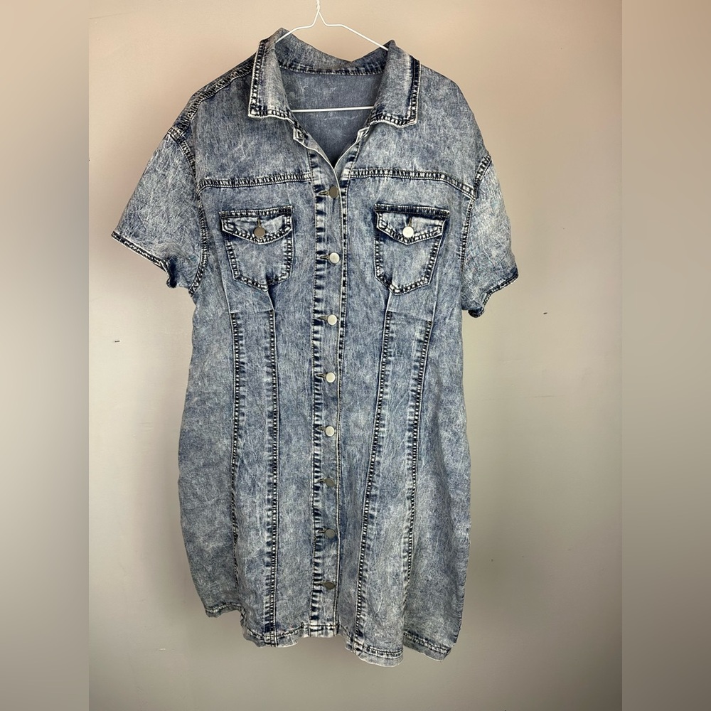 Acid Wash Denim Button-Front Shirt Dress - XL